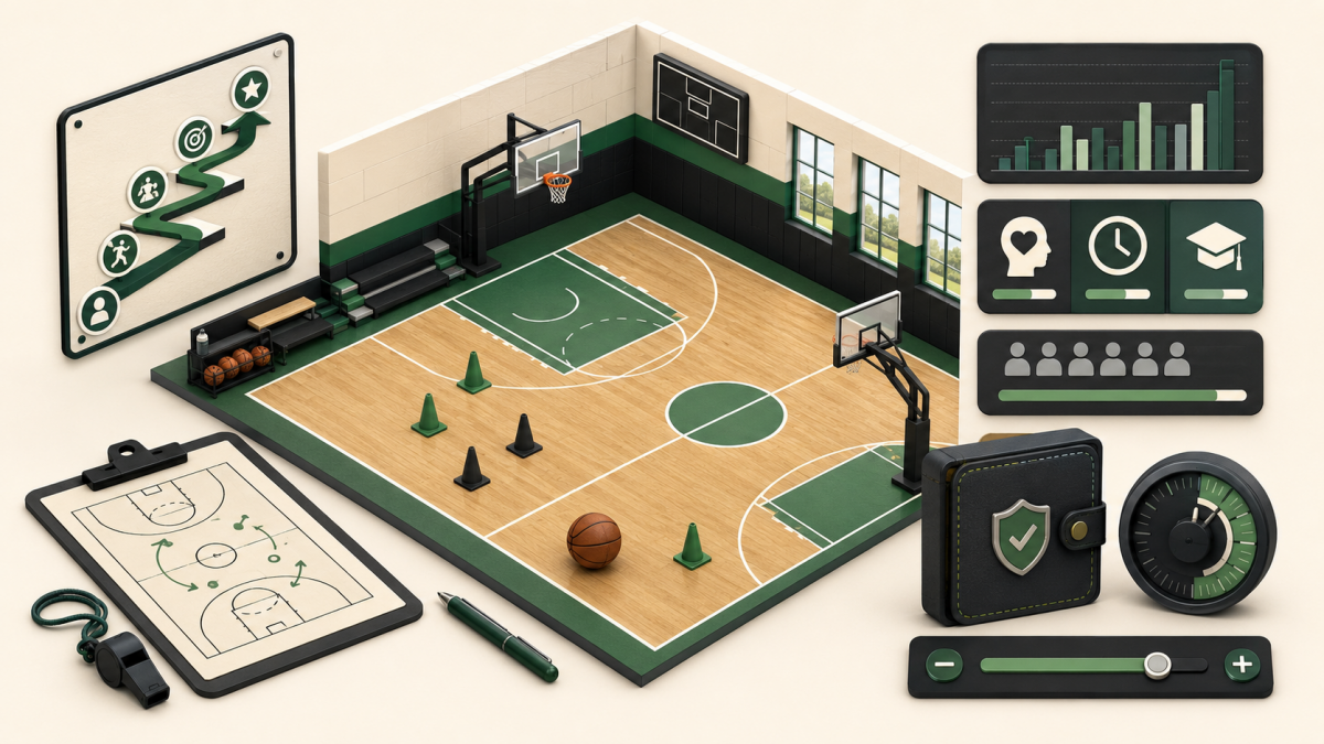 Équipe de basket autour d’un coach avec plaquette tactique, chronomètre et remise en jeu préparée.